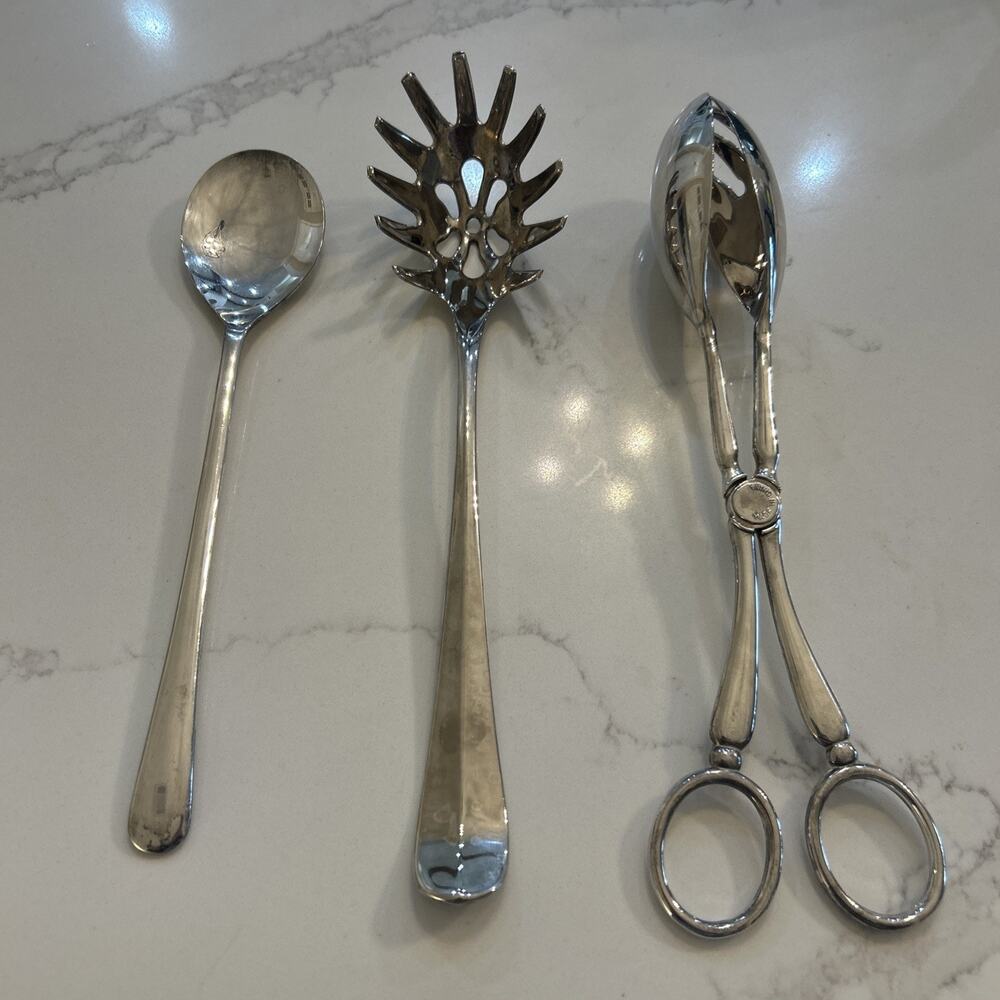 International Silver Silver Plated Set of 3 Serving Spoons Salad Tongs - Picture 10 of 16